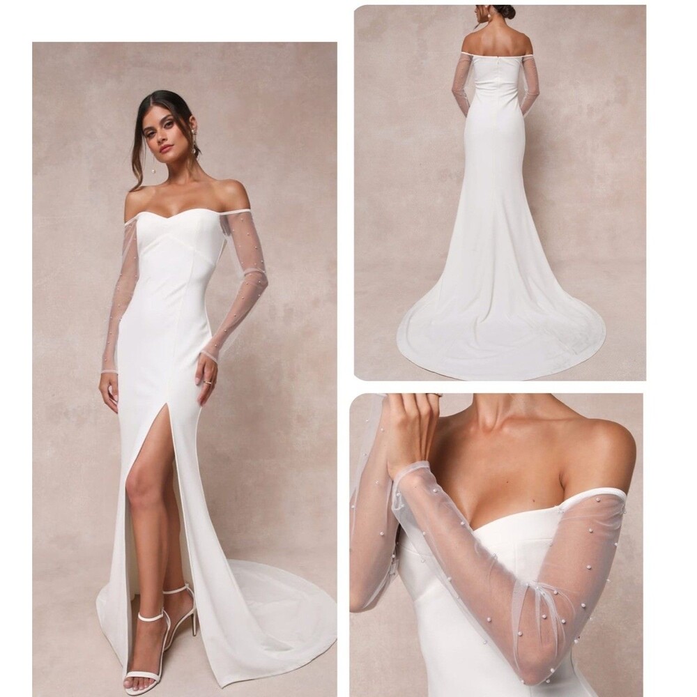 Lulu's White Off-the-Shoulder Sheer Sleeve Wedding Gown